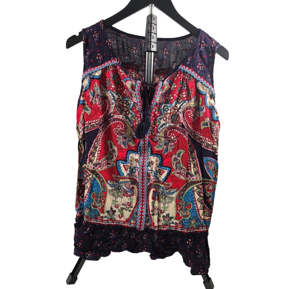 Bila Women XL Paisley Boho Sleeveless Top Tassel Tie Embroidered Ruffle Hem Red